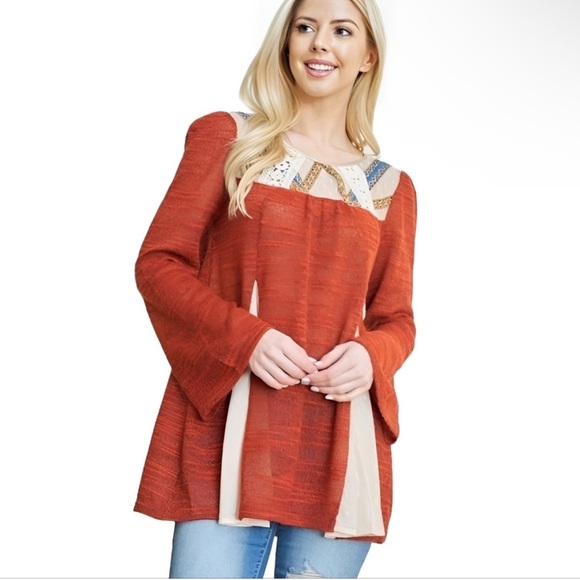 Ryu Sweaters - Ryu M/L Boho Sweater Bell Sleeve Cottagecore Hippie Mixed Media Artsy Rust Orang